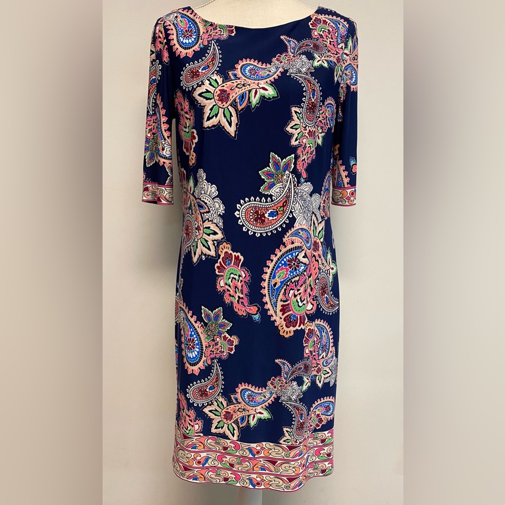 Eliza J Women’s Paisley Print Shift Dress Lined Zip Back Short Sleeve Size 8